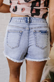 Beau Blue Pearl Studded Pockets Raw Hem Denim Shorts - Pikemla