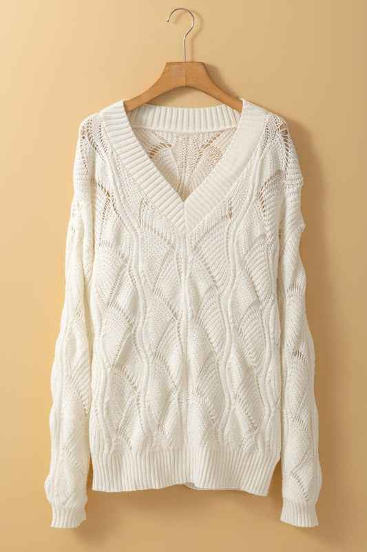 Hollow-Out Knit V-Neck Drop Shoulder Sweater