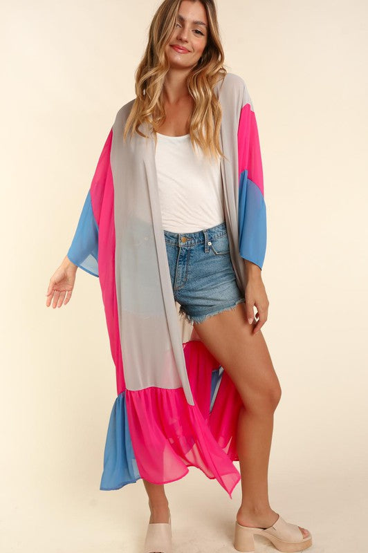 PLUS COLOR BLOCK KIMONO MAXI OPEN CARDIGAN - Pikemla