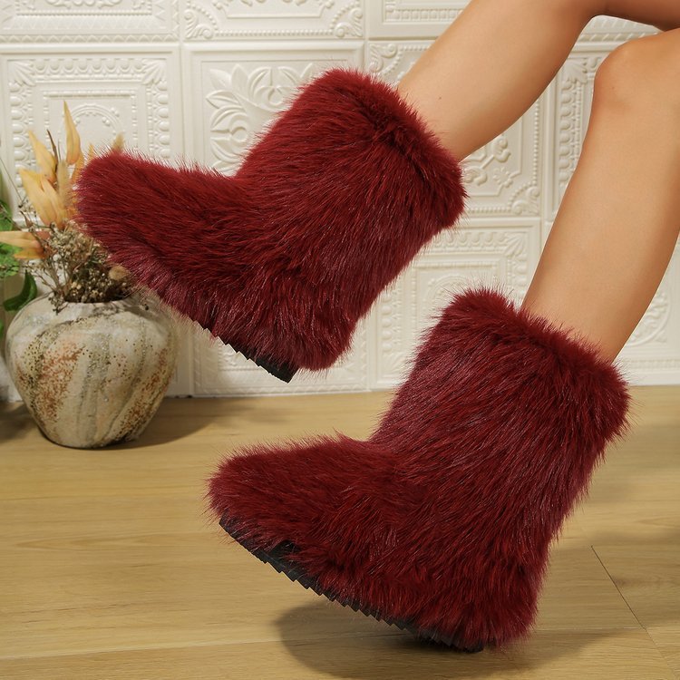 Long Plush Snow Boots Winter Warm Mid-tube Furry Cotton Shoes For Women Short Boot