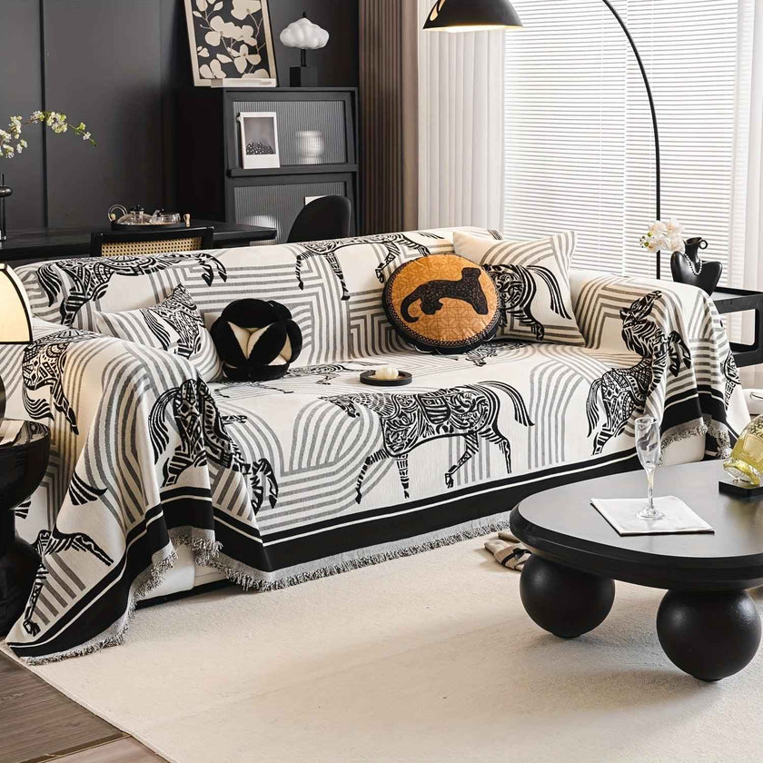 Luxurious Chenille Horse Design Sofa Cover Decor in Orange & Green