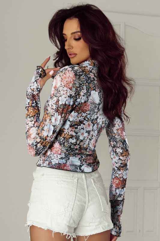 Floral Mesh Long Sleeve Mock Neck Top