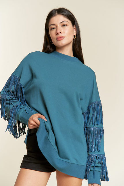 Silvia Plus Sized Rhinestone Fringe Sweatshirt - Pikemla