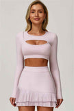 The Lavish Long Sleeve Cut-out Crop Top Tennis Skirt 2-Piece Set