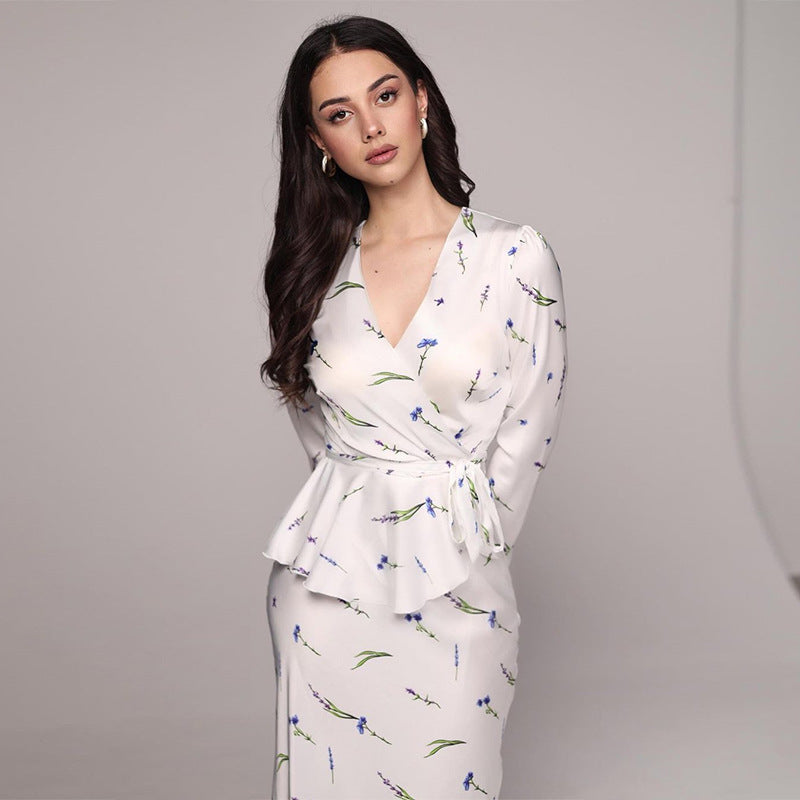 V-neck Printed Long-sleeved Top High Waist Skirt Suit