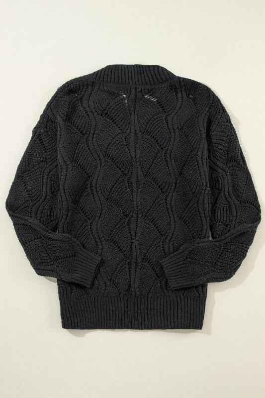 Hollow-Out Knit V-Neck Drop Shoulder Sweater