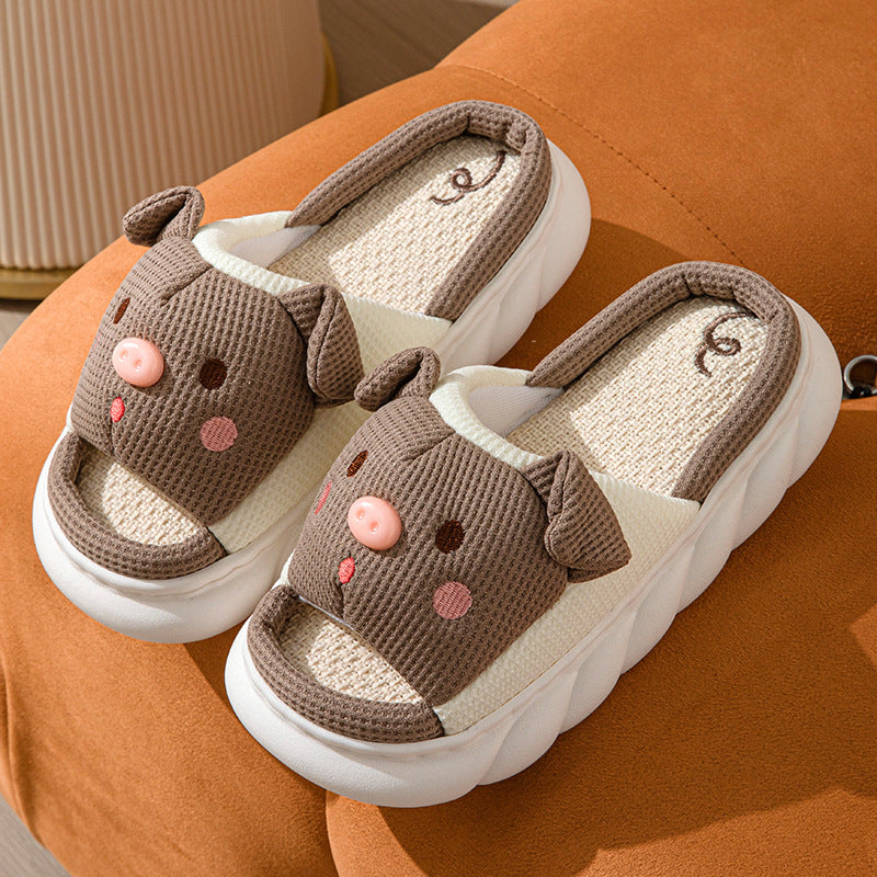 Piggy Cute Couple Open Toe Linen Cotton Linen Slippers