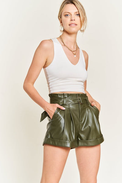 High-rise waist Belted Faux Leather Short - Pikemla