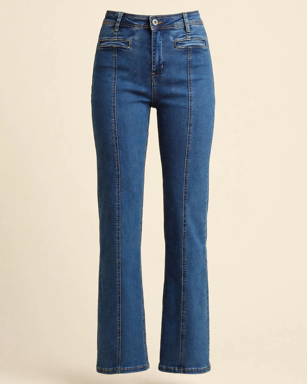 Panel Straight Cut Denim Jeans With Pockets