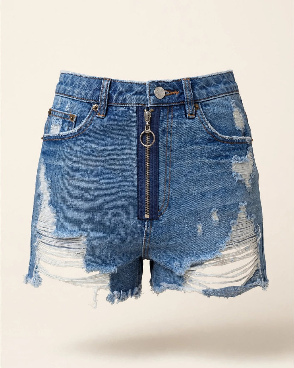 Ripped High-waist Front Zip-up Raw Hem Detail Distressed Mini Shorts