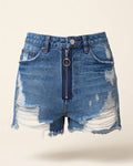 Ripped High-waist Front Zip-up Raw Hem Detail Distressed Mini Shorts