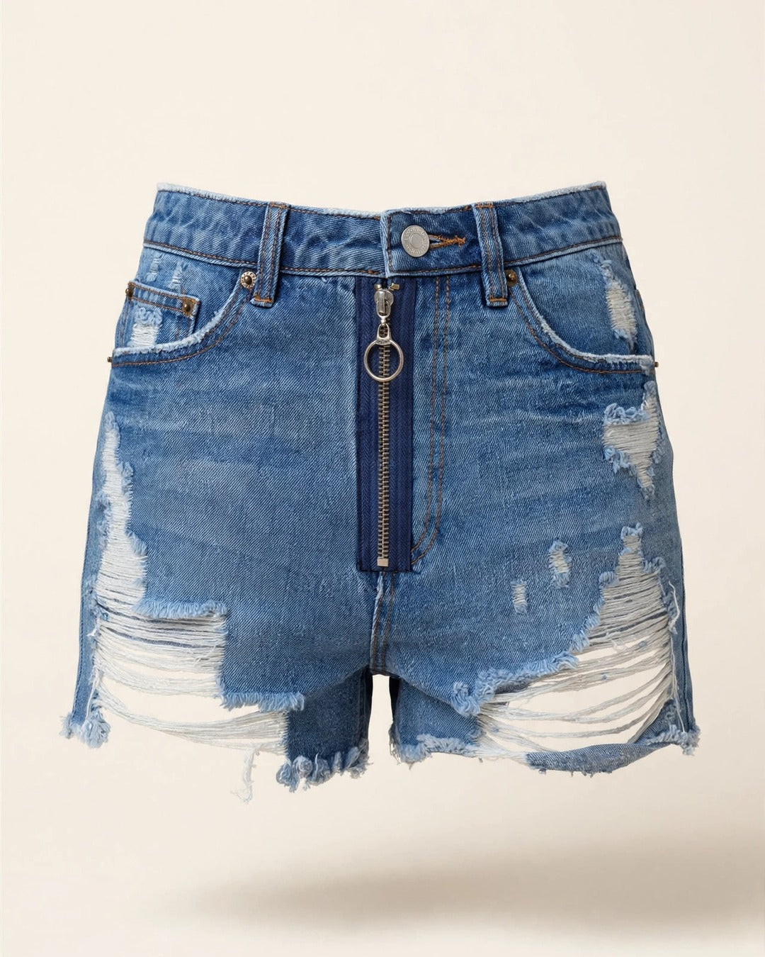Ripped High-waist Front Zip-up Raw Hem Detail Distressed Mini Shorts