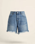 High Rise Denim Shorts With Raw Hem
