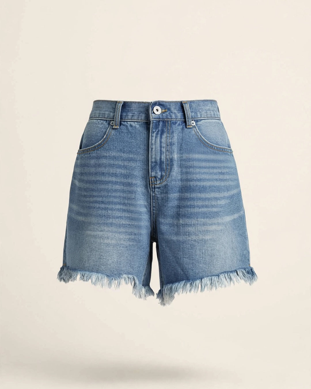 High Rise Denim Shorts With Raw Hem