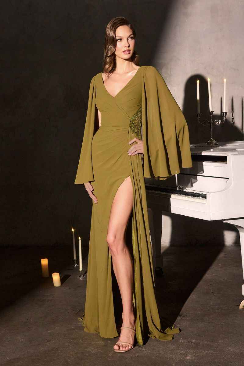Dress with Draped V-Neck and long Cape-Style Sleeves