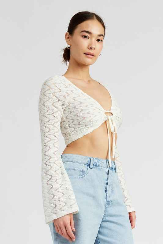Emory Park crochet bell sleeve top with a tie front design and stylish flare sleeves