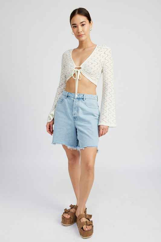 Emory Park crochet bell sleeve top in cream with tie front design and open sleeves