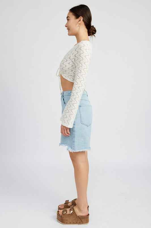 Emory Park crochet bell sleeve top in white with a stylish cropped design and tie front detail
