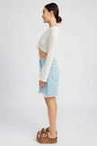 Emory Park crochet bell sleeve top in white with a stylish cropped design and tie front detail