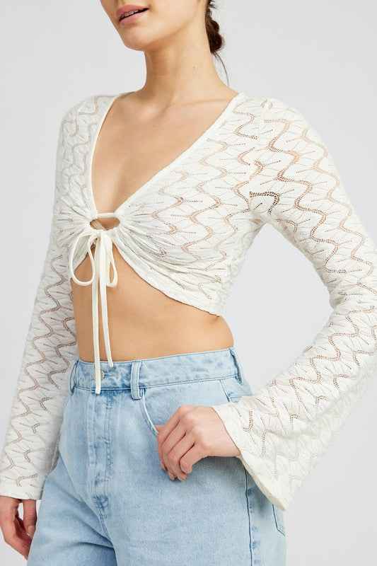 Emory Park crochet bell sleeve top in white with tie-front design and flared sleeves