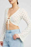 Emory Park crochet bell sleeve top in white with tie-front design and flared sleeves
