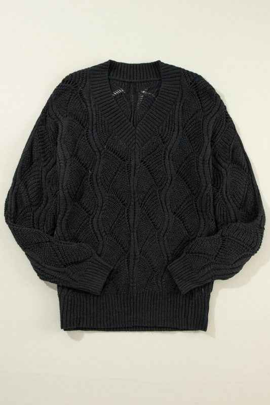 Hollow-Out Knit V-Neck Drop Shoulder Sweater