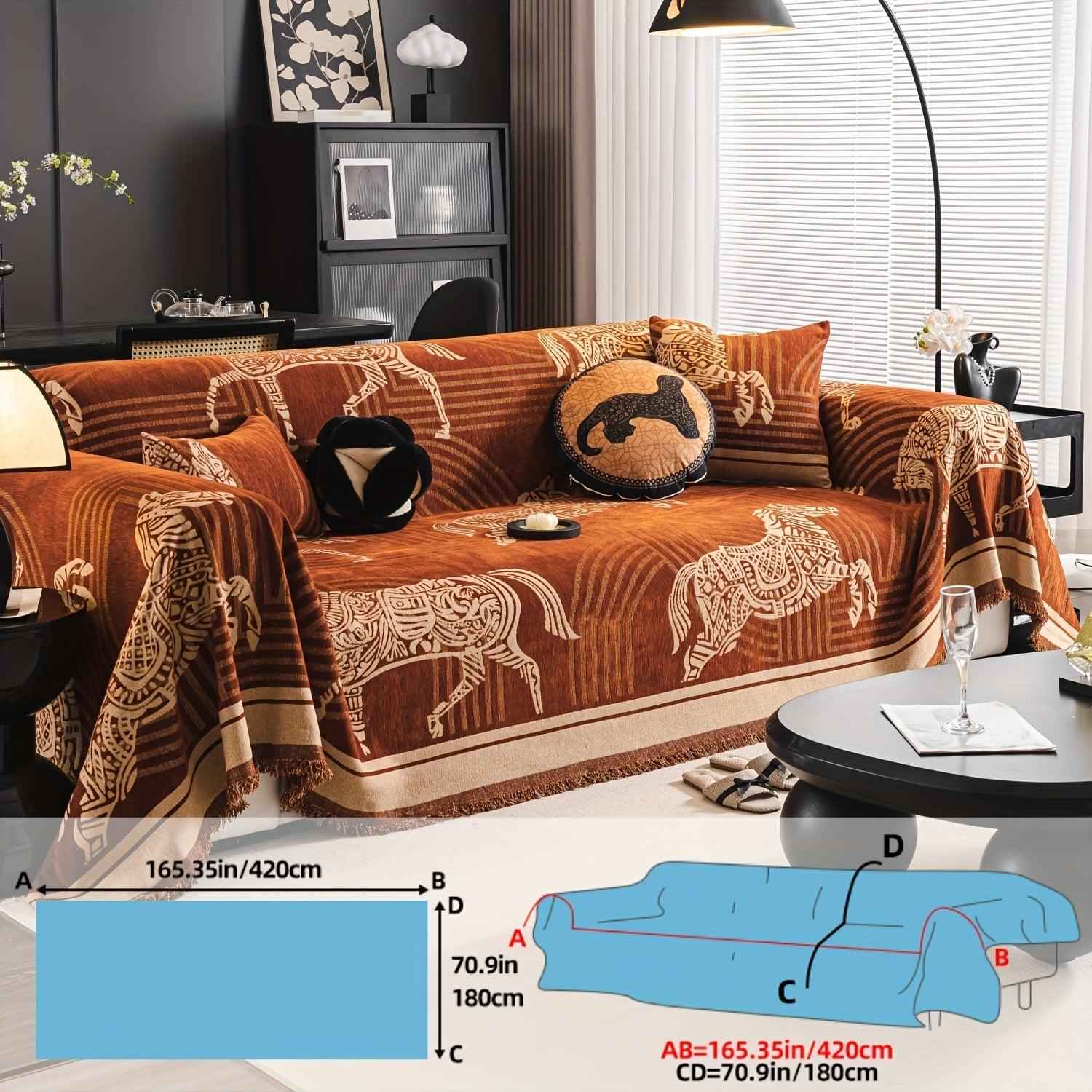 Luxurious Chenille Horse Design Sofa Cover Decor in Orange & Green