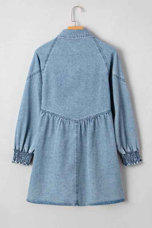 Denim Smocked Cuffs Shirt Mini Dress