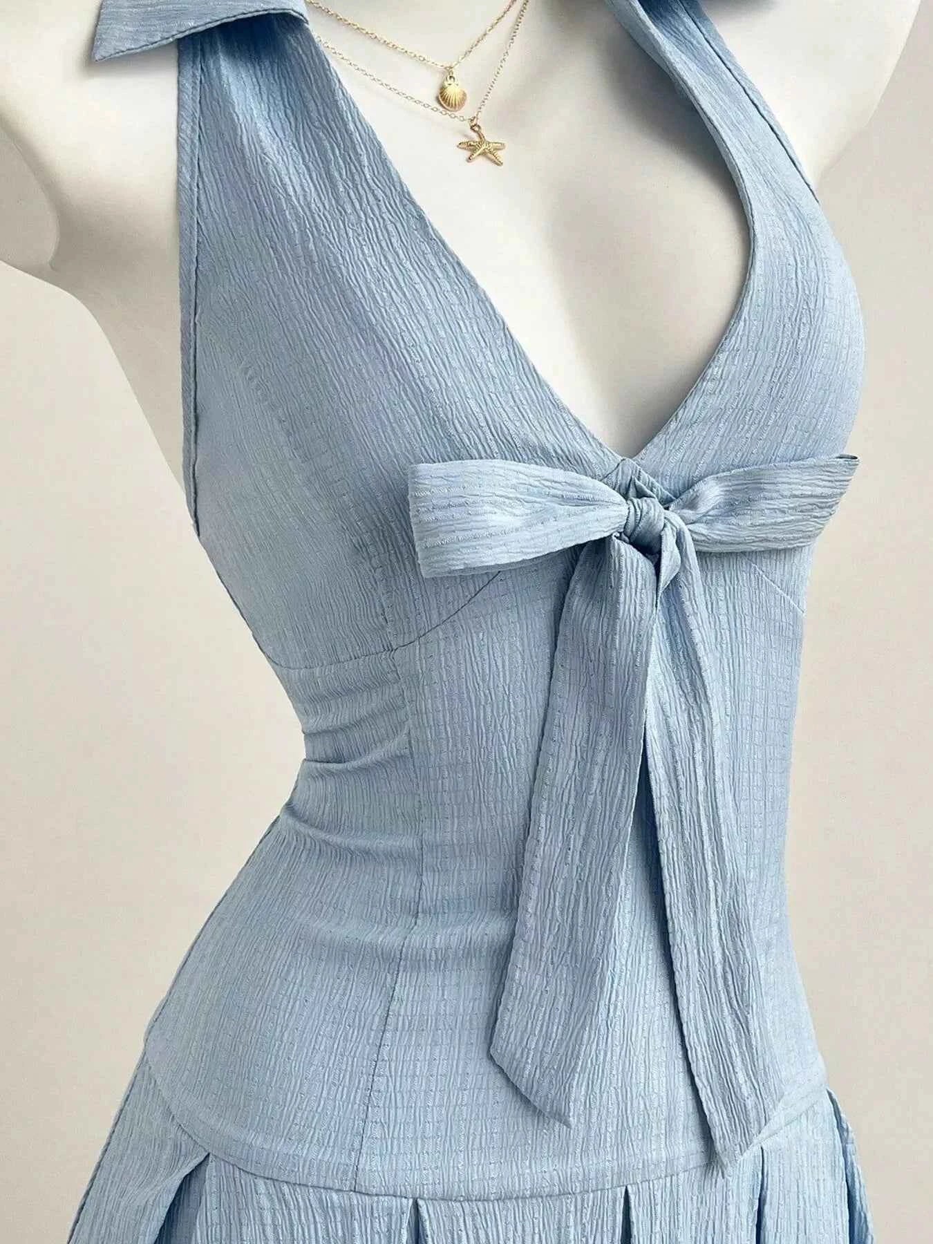 Halter Neck Bow Tie Pleated Mini Dress