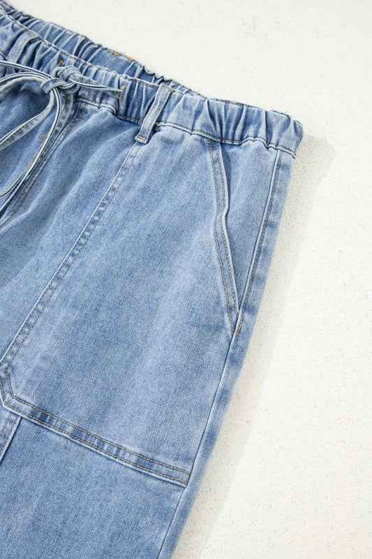 Denim Raw Hem Drawstring Wide Leg Pants