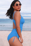 Sky Blue Adjustable Straps Ribbed Knit One Piece Swimsuit - Pikemla