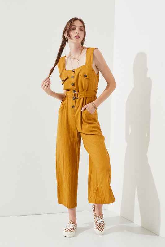SLEEVELESS SQUARE NECK BUTTON ANKLE JUMPSUIT -Plus Sized - Pikemla