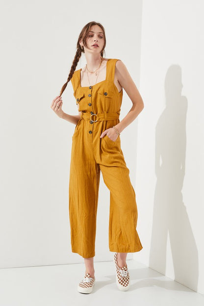 SLEEVELESS SQUARE NECK BUTTON ANKLE JUMPSUIT -Plus Sized - Pikemla