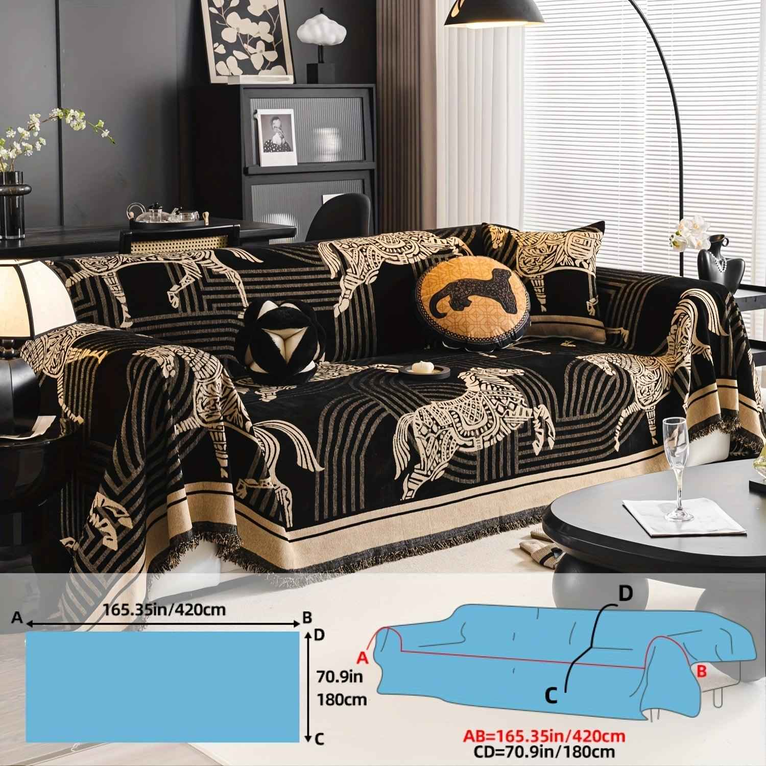 Luxurious Chenille Horse Design Sofa Cover Decor in Orange & Green