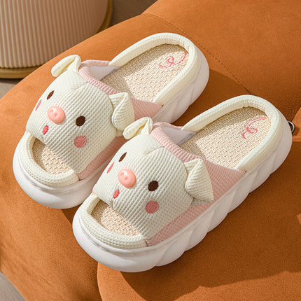 Piggy Cute Couple Open Toe Linen Cotton Linen Slippers