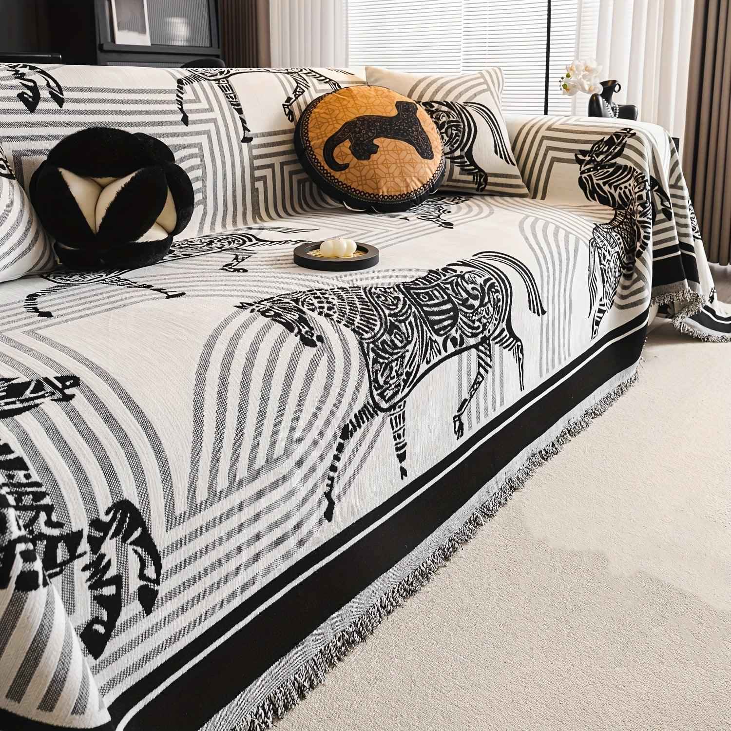 Luxurious Chenille Horse Design Sofa Cover Decor in Orange & Green