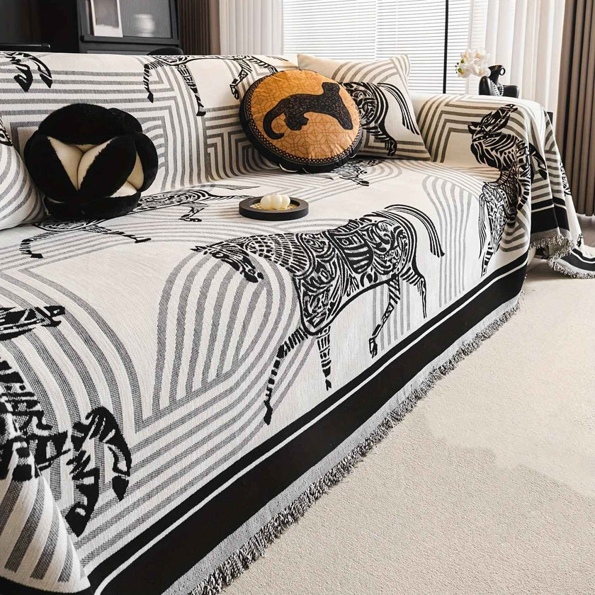 Luxurious Chenille Horse Design Sofa Cover Decor in Orange & Green