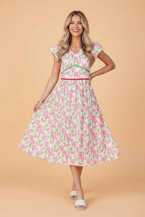 Floral V-Neck Short Sleeve Midi Dress