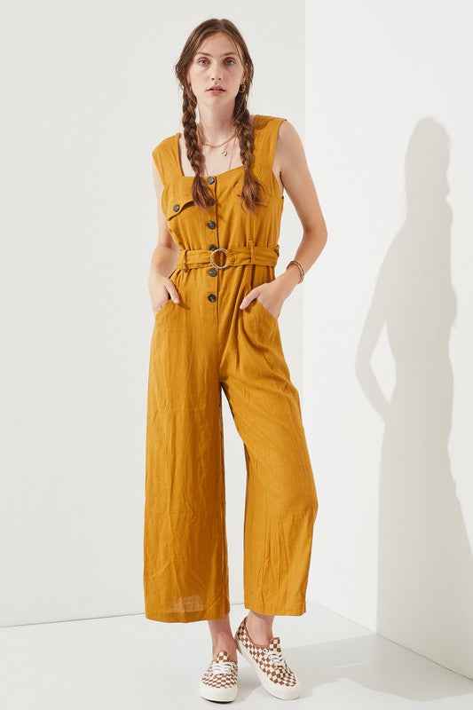 SLEEVELESS SQUARE NECK BUTTON DOWN ANKLE JUMPSUIT - Pikemla