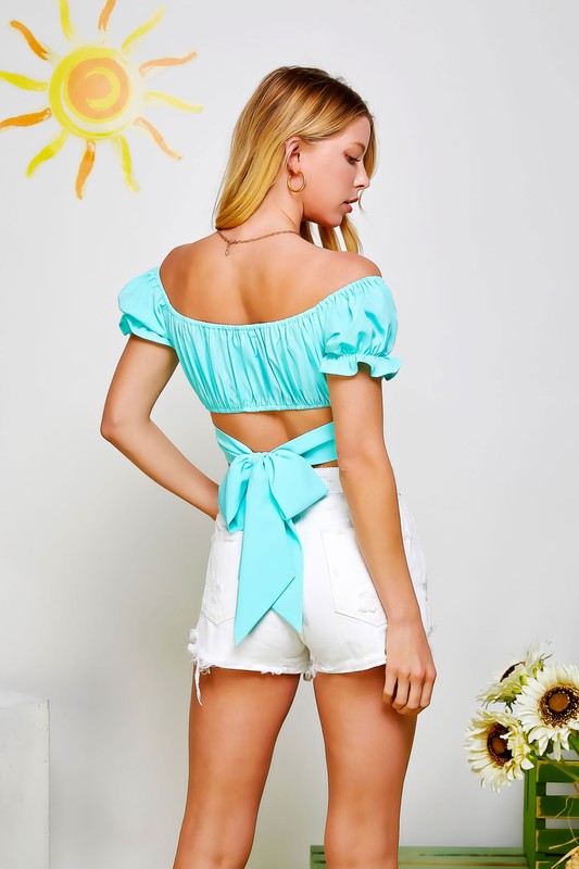 OFF SHOULDER PLEATED CROP TOP WITH BACK RIBBON TIE - Pikemla