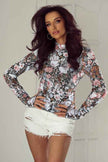 Floral Mesh Long Sleeve Mock Neck Top