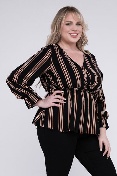 Striped Top With Ruffled Hem - Pikemla