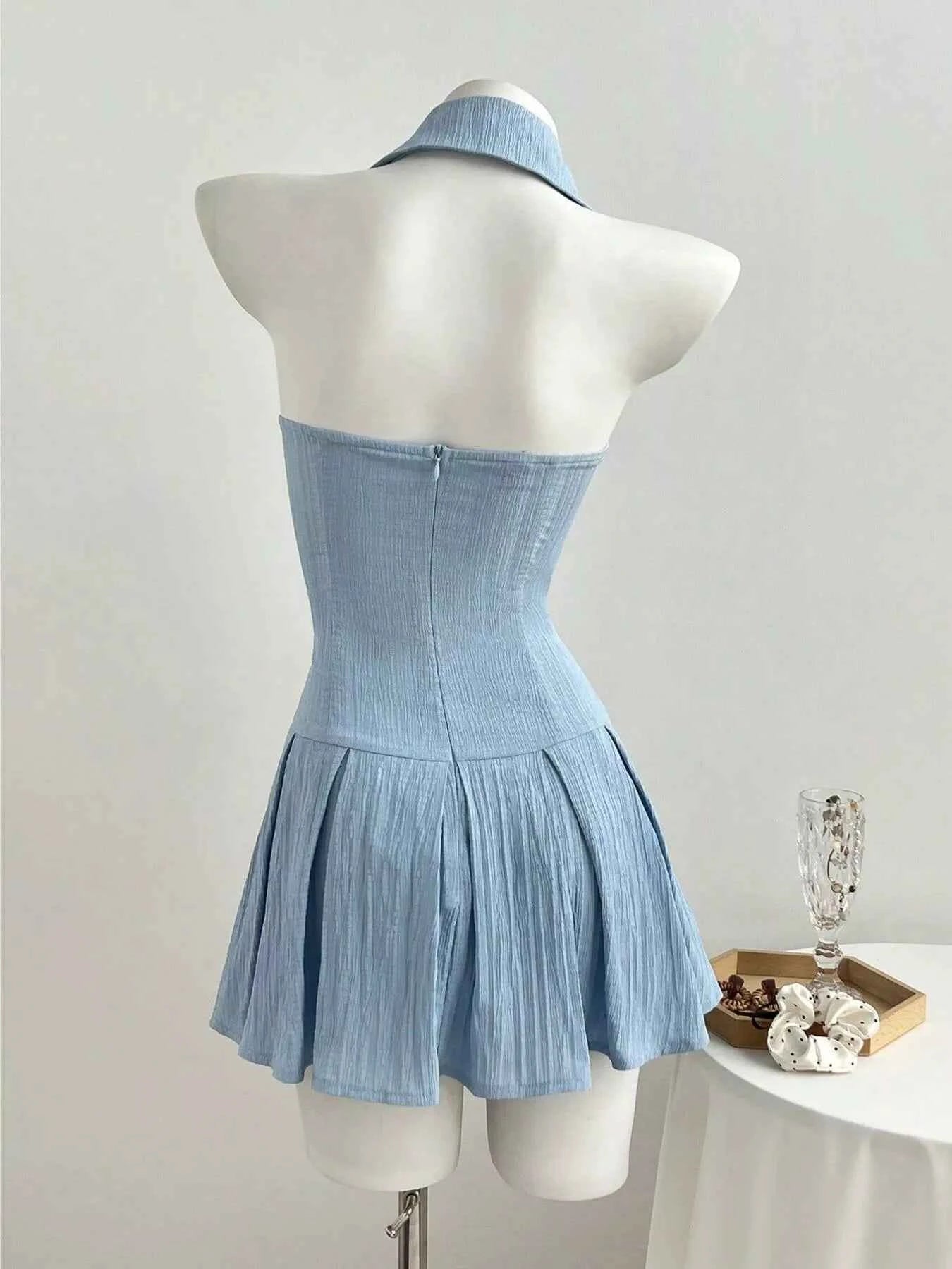 Halter Neck Bow Tie Pleated Mini Dress