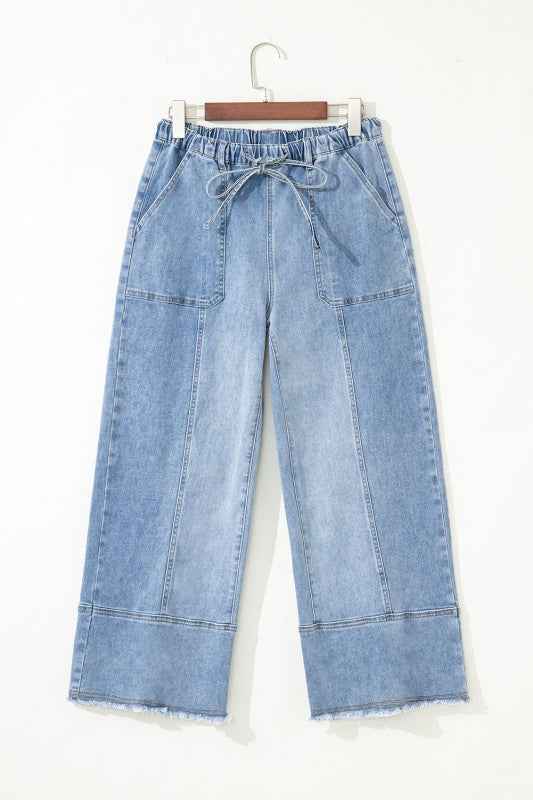 Denim Raw Hem Drawstring Wide Leg Pants