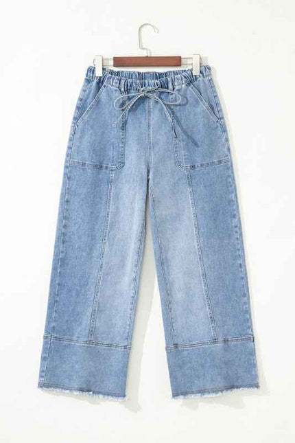 Denim Raw Hem Drawstring Wide Leg Pants