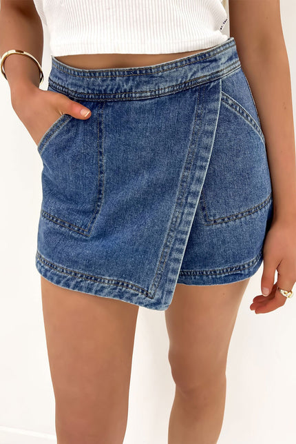 Ashleigh Blue Faux Wrapped Mini Denim Skort - Pikemla