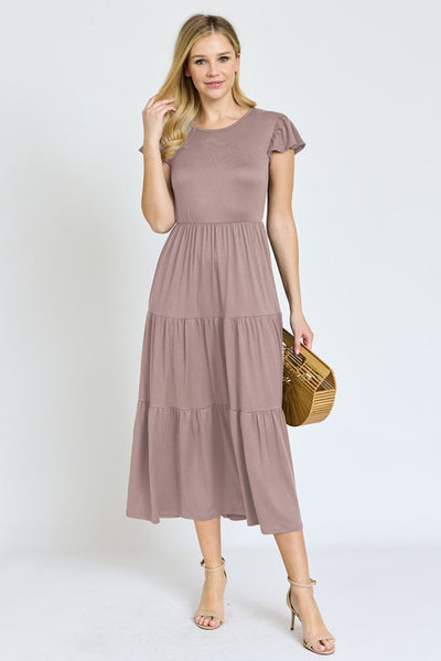 Solid Flutter Sleeve Tiered Tea Length Dress -Plus Sized - Pikemla