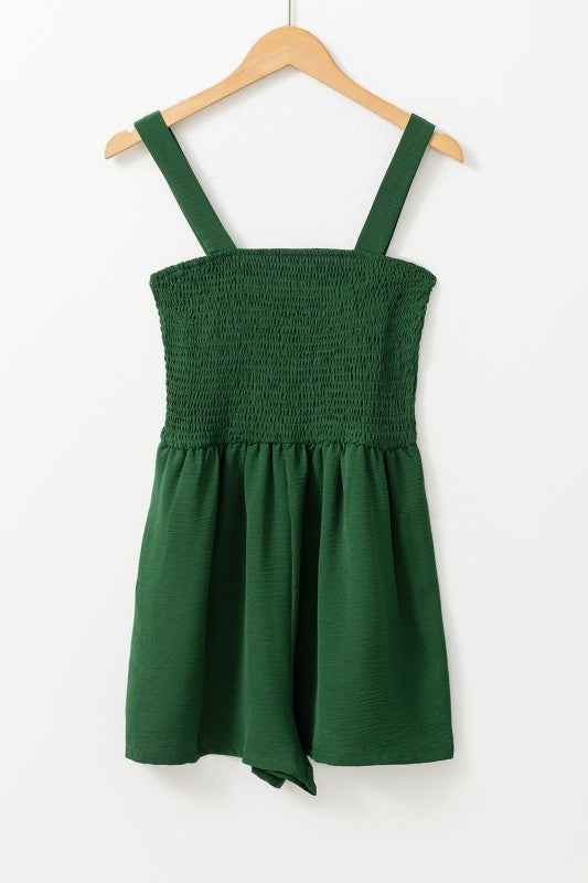 Solid Smocked Sleeveless Pocketed Romper