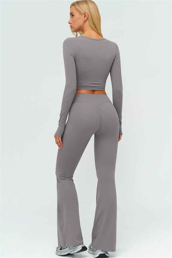 The Lushness Long Sleeve Crop Top Flared Leggings 2-Piece Set