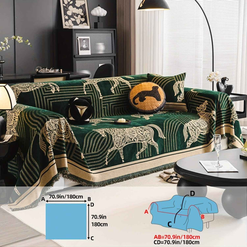 Luxurious Chenille Horse Design Sofa Cover Decor in Orange & Green